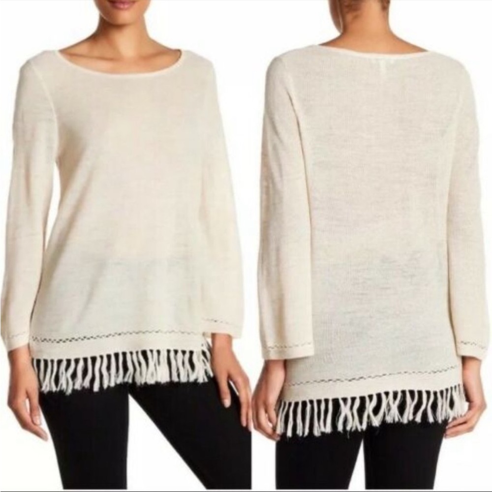 Joie Annalie Fringe Trim Heather Linen Blouse Natural Cream
